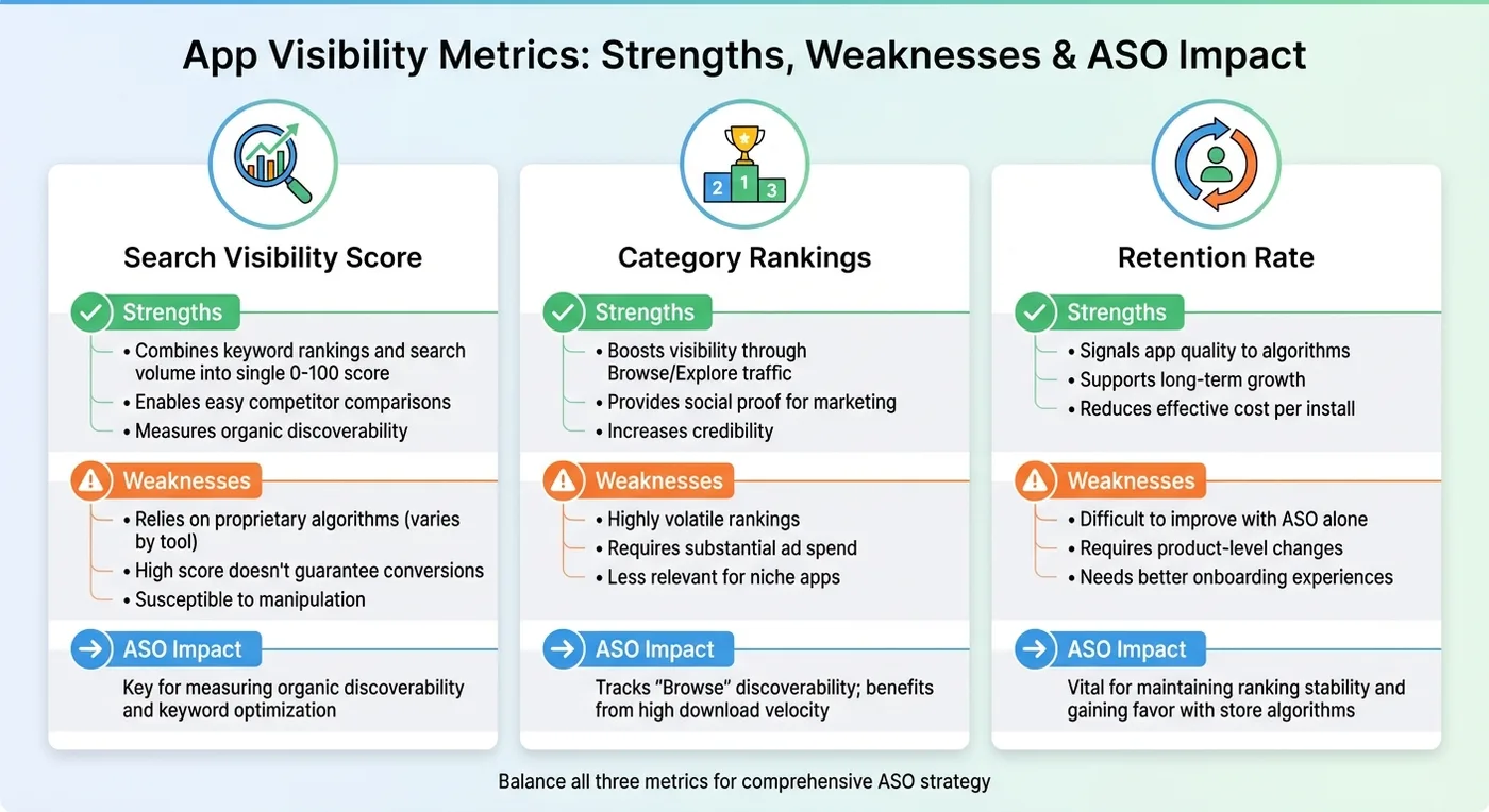 App Visibility Metrics Comparison: Search Visibility, Category Rankings, and Retention Rate