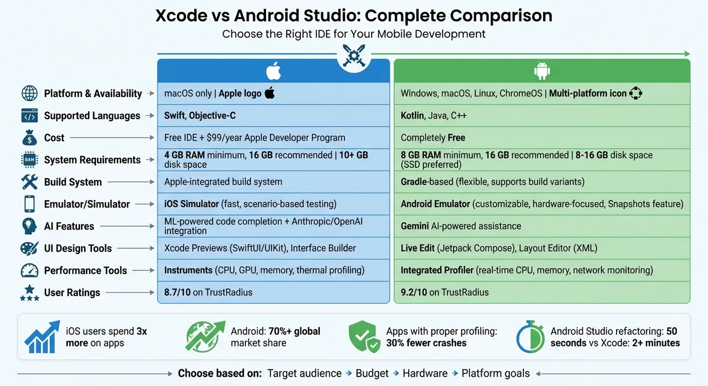 Xcode vs Android Studio: Complete IDE Comparison Chart